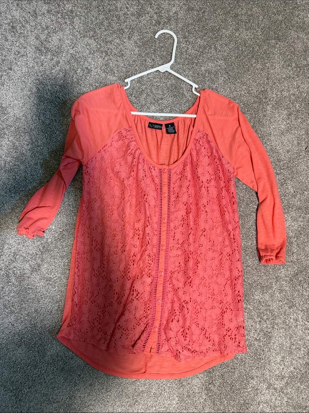 Coral Lace-Front Button 3/4 Sleeve Blouse